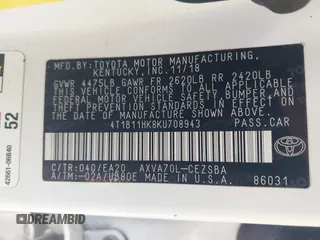 2019 Toyota Camry LE z VIN 4T1B11HK8KU708943, wystawiony jako IAAI lot #42221233 z przebiegiem 173 813 mil mil oraz . Historia ofert i sprzedaży dostępna na DreamBid. Obrazek 9.