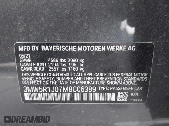 2021 BMW 3 Series 330i with VIN 3MW5R1J07M8C06389, listed as a IAAI auction lot 42024380 with 30,861 mi miles and . Bid and sale history available at DreamBid. Image 9.