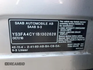 2011 Saab 9-3 z VIN YS3FA4CY1B1302628, wystawiony jako Copart lot #71627674 z przebiegiem Nie podano mil oraz Szkoda całkowita • Salvage title. Historia ofert i sprzedaży dostępna na DreamBid. Obrazek 15.