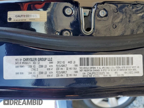 2013 Jeep Patriot Latitude with VIN 1C4NJPFB1DD191673, listed as a Copart auction lot 42014715 with 141,349 mi miles and Salvage Title. Bid and sale history available at carsss.com. Image 13.