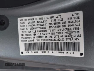 2005 Honda CR-V EX with VIN SHSRD78845U332443, listed as a IAAI auction lot 42161060 with 72,444 mi miles and . Bid and sale history available at carsss.com. Image 9.