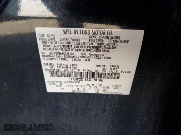 2011 Ford Taurus SHO with VIN 1FAHP2KT6BG128180, listed as a Copart auction lot 47462885 with 128,403 mi miles and Salvage Title. Bid and sale history available at DreamBid. Image 12.