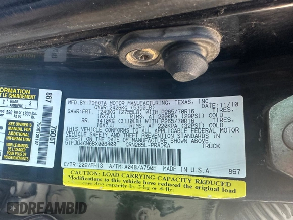 2011 Toyota Tacoma PreRunner with VIN 5TFJU4GN6BX006400, listed as a Copart auction lot 81004844 with 489,056 mi miles and Clean Title. Bid and sale history available at DreamBid. Image 10.