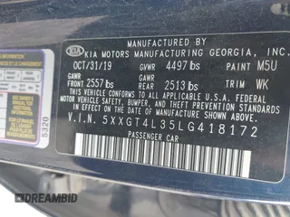 2020 Kia Optima LX with VIN 5XXGT4L35LG418172, listed as a IAAI auction lot 41871881 with 65,740 mi miles. Bid and sale history available at carsss.com. Image 9.