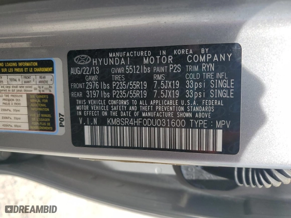 2013 Hyundai Santa Fe Limited with VIN KM8SR4HF0DU031600, listed as a Copart auction lot 52591235 with 132,310 mi miles and Clean Title. Bid and sale history available at carsss.com. Image 13.