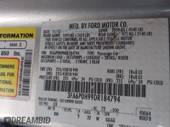 2013 Ford Fusion SE с VIN 3FA6P0H99DR184794, выставлен на аукционе IAAI как лот 41120431 с пробегом 127 376 миль миль и . История ставок и продаж доступна на DreamBid. Изображение 9.