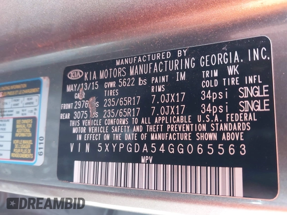 2016 Kia Sorento LX with VIN 5XYPGDA54GG065563, listed as a IAAI auction lot 41801533 with 126,557 mi miles. Bid and sale history available at carsss.com. Image 9.