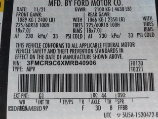 2021 Ford Bronco Sport Outer Banks with VIN 3FMCR9C6XMRB40906, listed as a IAAI auction lot 42566013 with 70,341 mi miles and . Bid and sale history available at DreamBid. Image 9.