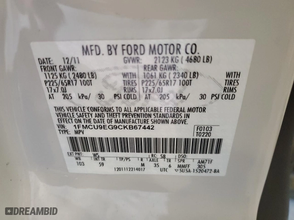 2012 Ford Escape Limited with VIN 1FMCU9EG9CKB67442, listed as a Copart auction lot 51692685 with 94,274 mi miles and Clean Title. Bid and sale history available at carsss.com. Image 12.