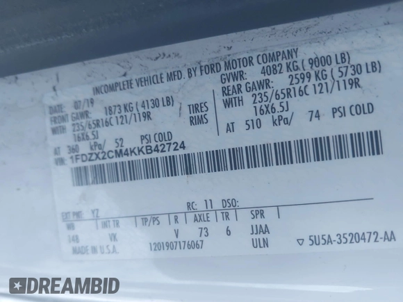 2019 Ford Transit XL with VIN 1FDZX2CM4KKB42724, listed as a IAAI auction lot 41589339 with 69,061 mi miles and . Bid and sale history available at DreamBid. Image 9.