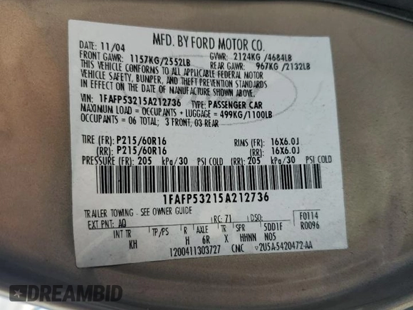 2005 Ford Taurus SE z VIN 1FAFP53215A212736, wystawiony jako Copart lot #58439495 z przebiegiem Nie podano mil oraz Szkoda całkowita • Salvage title. Historia ofert i sprzedaży dostępna na DreamBid. Obrazek 12.