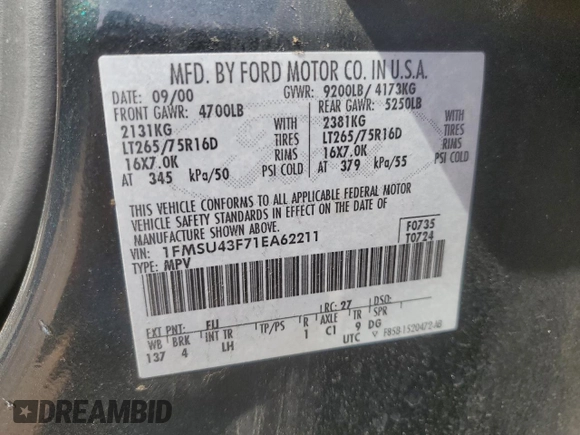 2001 Ford Excursion Limited z VIN 1FMSU43F71EA62211, wystawiony jako Copart lot #54668955 z przebiegiem 90 859 mil mil oraz Szkoda całkowita • Salvage title. Historia ofert i sprzedaży dostępna na DreamBid. Obrazek 13.