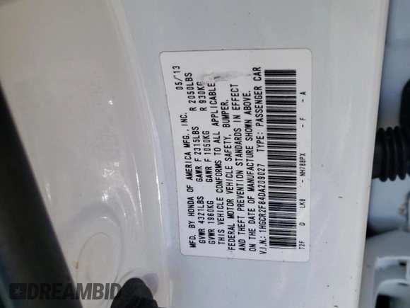 2013 Honda Accord Sdn EX-L with VIN 1HGCR2F84DA209027, listed as a Copart auction lot 48967195 with Not Provided miles and Non Repairable. Bid and sale history available at carsss.com. Image 13.