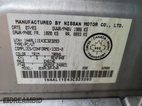 2003 Nissan Altima S with VIN 1N4AL11E43C323293, listed as a Copart auction lot 48659045 with 120,496 mi miles and Salvage Title. Bid and sale history available at carsss.com. Image 12.