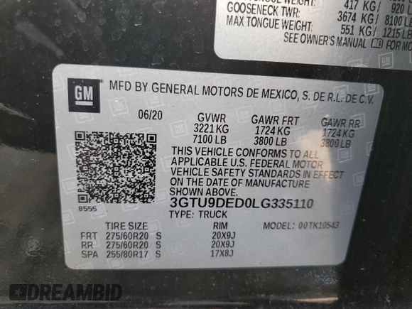 2020 GMC Sierra 1500 SLT z VIN 3GTU9DED0LG335110, wystawiony jako Copart lot #49168185 z przebiegiem 130 590 mil mil oraz Szkoda całkowita • Salvage title. Historia ofert i sprzedaży dostępna na DreamBid. Obrazek 12.