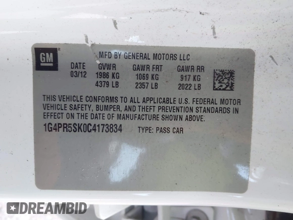 2012 Buick Verano Convenience Group with VIN 1G4PR5SK0C4173834, listed as a IAAI auction lot 42224019 with Not Provided miles. Bid and sale history available at carsss.com. Image 9.