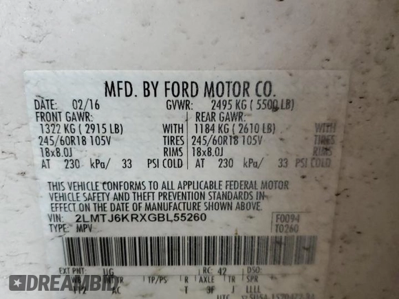 2016 Lincoln MKX Select with VIN 2LMTJ6KRXGBL55260, listed as a Copart auction lot 50602375 with 98,894 mi miles and Salvage Title. Bid and sale history available at DreamBid. Image 13.