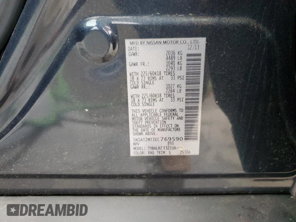 2014 Nissan Rogue SL with VIN 5N1AT2MT3EC769590, listed as a Copart auction lot 51731374 with 138,077 mi miles and Salvage Title. Bid and sale history available at carsss.com. Image 13.