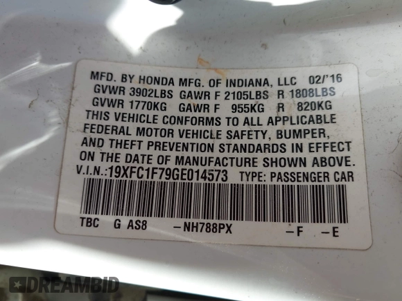 2016 Honda Civic EX-L with VIN 19XFC1F79GE014573, listed as a IAAI auction lot 42649519 with 179,798 mi miles and . Bid and sale history available at DreamBid. Image 9.