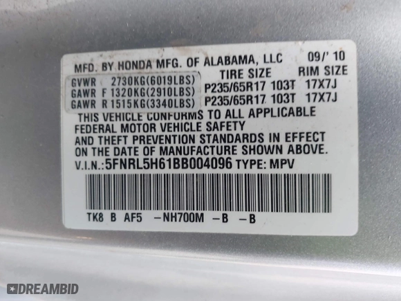 2011 Honda Odyssey EX-L with VIN 5FNRL5H61BB004096, listed as a IAAI auction lot 41917946 with 142,005 mi miles. Bid and sale history available at carsss.com. Image 9.