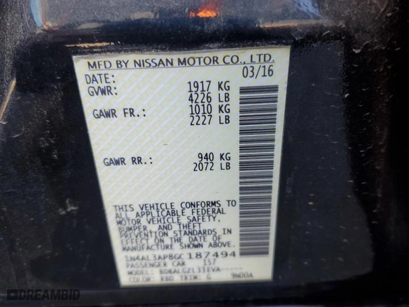 2016 Nissan Altima 2.5 SV with VIN 1N4AL3AP8GC187494, listed as a Copart auction lot 41995785 with 218,054 mi miles and Clean Title. Bid and sale history available at carsss.com. Image 12.