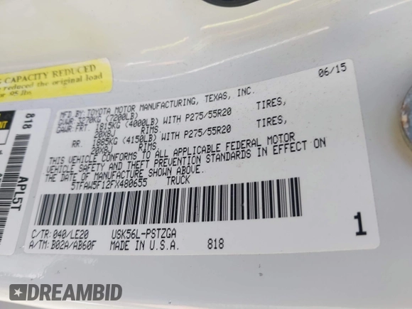 2015 Toyota Tundra 4WD Truck Platinum with VIN 5TFAW5F12FX480655, listed as a IAAI auction lot 41391026 with 111,066 mi miles. Bid and sale history available at carsss.com. Image 9.