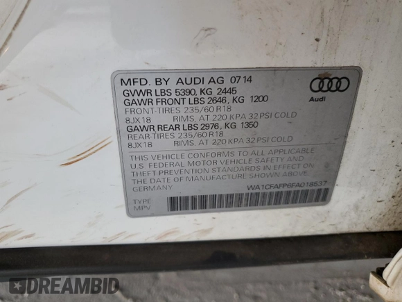 2015 Audi Q5 Premium with VIN WA1CFAFP6FA018537, listed as a Copart auction lot 53435615 with 124,992 mi miles and Clean title. Bid and sale history available at DreamBid. Image 13.