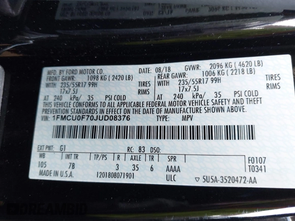 2018 Ford Escape S with VIN 1FMCU0F70JUD08376, listed as a IAAI auction lot 41960078 with 78,049 mi miles. Bid and sale history available at carsss.com. Image 9.