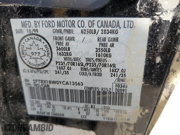 2000 Ford F-150 with VIN 2FTRX18W0YCA13563, listed as a Copart auction lot 55809785 with Not provided miles and Non repairable. Bid and sale history available at DreamBid. Image 12.