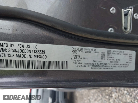 2022 Jeep Compass Limited with VIN 3C4NJDCB0NT132239, listed as a IAAI auction lot 42326962 with 56,278 mi miles and . Bid and sale history available at DreamBid. Image 9.