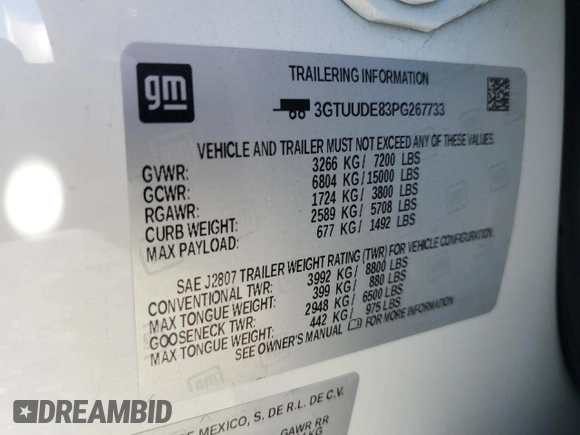 2023 GMC Sierra 1500 SLT z VIN 3GTUUDE83PG267733, wystawiony jako Copart lot #61530004 z przebiegiem 21 446 mil mil oraz Szkoda całkowita • Salvage title. Historia ofert i sprzedaży dostępna na DreamBid. Obrazek 13.