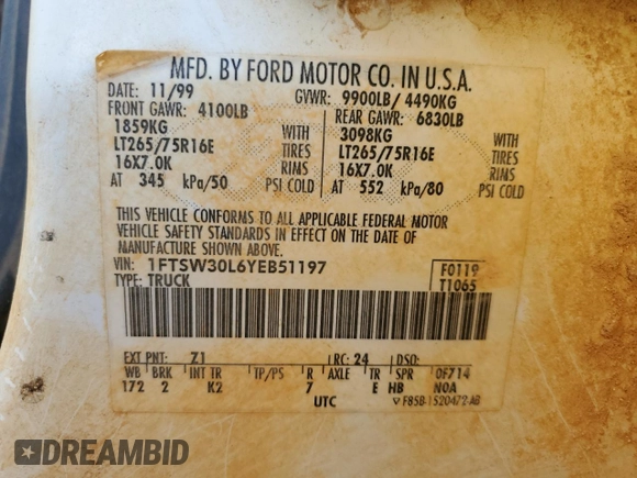2000 Ford F-350 XL with VIN 1FTSW30L6YEB51197, listed as a Copart auction lot 49504835 with 284,070 mi miles and Salvage Title. Bid and sale history available at DreamBid. Image 14.
