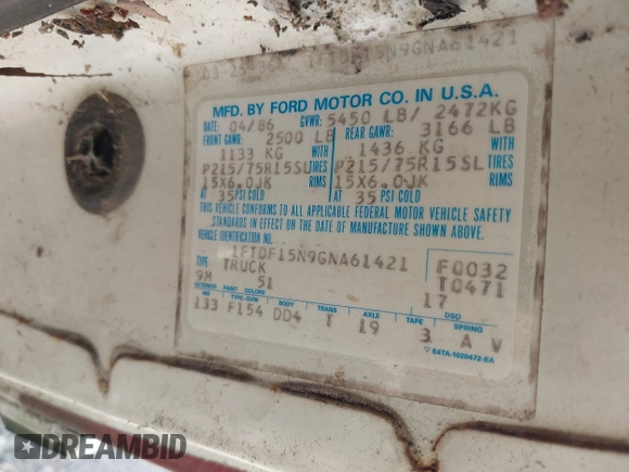 1986 Ford F-150 с VIN 1FTDF15N9GNA61421, выставлен на аукционе IAAI как лот 42527647 с пробегом 49 470 миль миль и . История ставок и продаж доступна на DreamBid. Изображение 9.