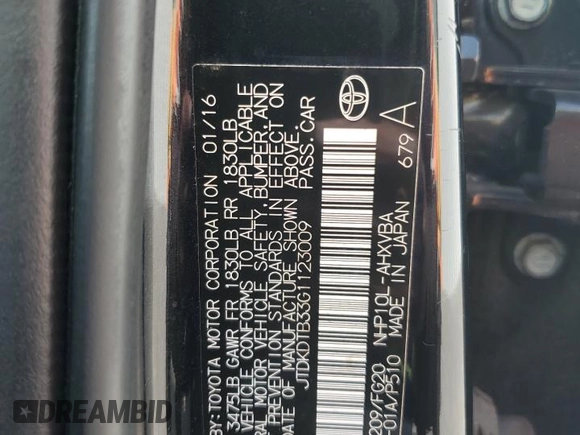 2016 Toyota Prius One with VIN JTDKDTB33G1123009, listed as a Copart auction lot 52555275 with 85,592 mi miles and Clean Title. Bid and sale history available at carsss.com. Image 13.