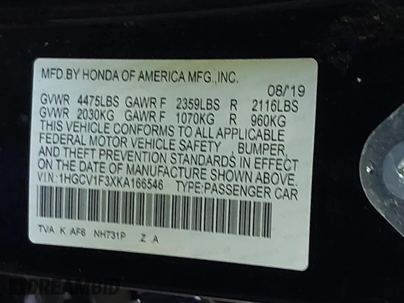 2019 Honda Accord Sport with VIN 1HGCV1F3XKA166546, listed as a IAAI auction lot 42216635 with 64,704 mi miles and . Bid and sale history available at DreamBid. Image 9.