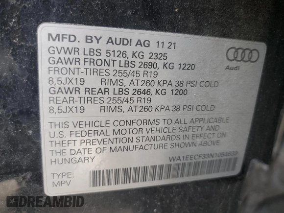2022 Audi Q3 S line Premium Plus with VIN WA1EECF33N1054639, listed as a Copart auction lot 49807115 with 50,329 mi miles and Salvage Title. Bid and sale history available at carsss.com. Image 13.