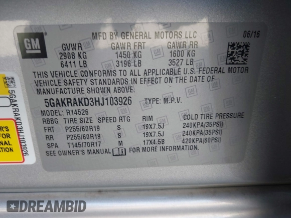 2017 Buick Enclave Convenience with VIN 5GAKRAKD3HJ103926, listed as a IAAI auction lot 42042628 with 50,577 mi miles and . Bid and sale history available at DreamBid. Image 9.