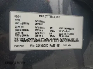 2024 Tesla Model Y with VIN 7SAYGDED1RA321691, listed as a Copart auction lot 52153945 with 7,544 mi miles and Salvage Title. Bid and sale history available at DreamBid. Image 13.