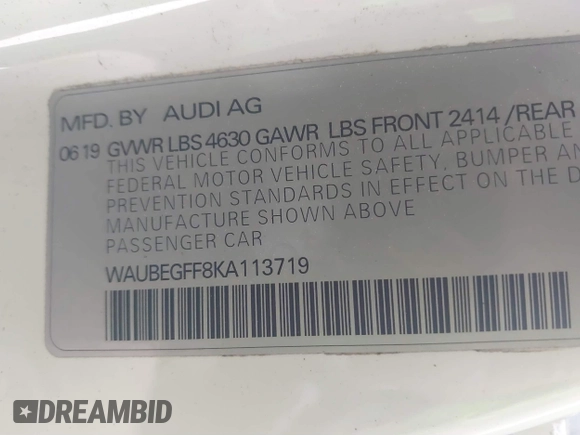 2019 Audi A3 Sedan Premium with VIN WAUBEGFF8KA113719, listed as a IAAI auction lot 41840859 with 69,700 mi miles. Bid and sale history available at carsss.com. Image 9.
