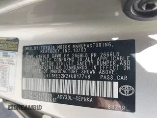 2004 Toyota Camry LE with VIN 4T1BE32K24U817748, listed as a IAAI auction lot 42155150 with 158,437 mi miles and . Bid and sale history available at DreamBid. Image 9.