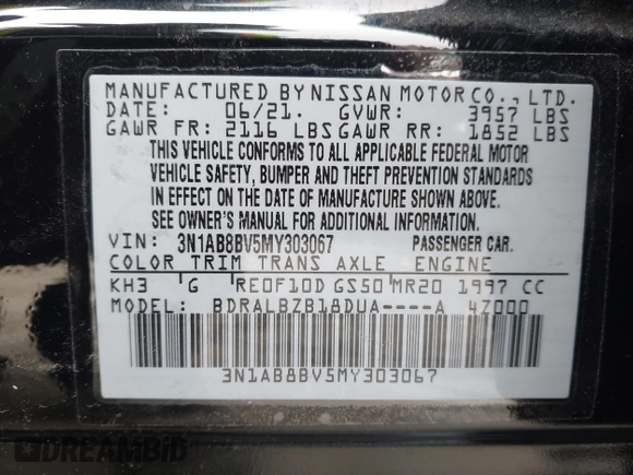 2021 Nissan Sentra S with VIN 3N1AB8BV5MY303067, listed as a IAAI auction lot 41804270 with 44,909 mi miles and . Bid and sale history available at DreamBid. Image 9.