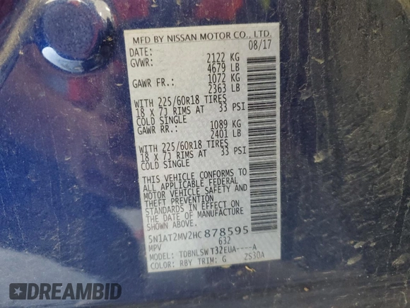 2017 Nissan Rogue SV with VIN 5N1AT2MV2HC878595, listed as a Copart auction lot 65213435 with 124,034 mi miles and Salvage title. Bid and sale history available at DreamBid. Image 14.
