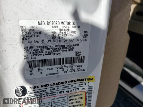 2011 Ford F-150 XL with VIN 1FTFW1EF0BFD41362, listed as a Copart auction lot 76291364 with 264,746 mi miles and Salvage Title. Bid and sale history available at carsss.com. Image 12.
