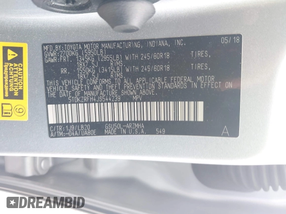 2018 Toyota Highlander SE z VIN 5TDKZRFH4JS544239, wystawiony jako IAAI lot #42429079 z przebiegiem 121 406 mil mil oraz . Historia ofert i sprzedaży dostępna na DreamBid. Obrazek 9.