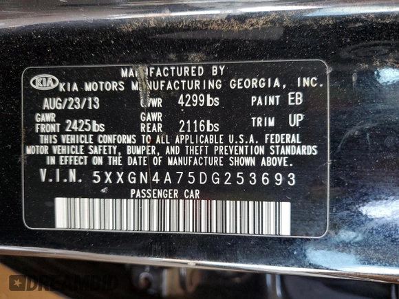 2013 Kia Optima EX z VIN 5XXGN4A75DG253693, wystawiony jako Copart lot #59227785 z przebiegiem 191 062 mil mil oraz Szkoda całkowita • Salvage title. Historia ofert i sprzedaży dostępna na DreamBid. Obrazek 12.