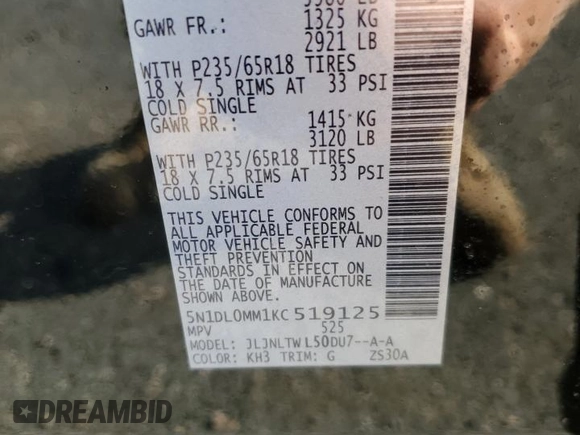 2019 Infiniti QX60 Luxe with VIN 5N1DL0MM1KC519125, listed as a Copart auction lot 49373635 with 71,673 mi miles and Salvage Title. Bid and sale history available at DreamBid. Image 15.