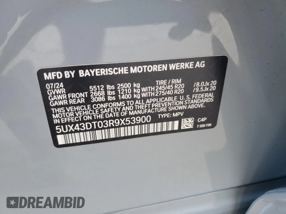2024 BMW X4 M40i z VIN 5UX43DT03R9X53900, wystawiony jako Copart lot #87204324 z przebiegiem 8 410 mil mil oraz Szkoda całkowita • Salvage title. Historia ofert i sprzedaży dostępna na DreamBid. Obrazek 13.