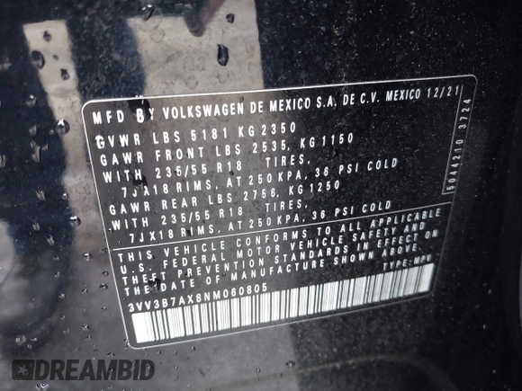 2022 Volkswagen Tiguan SE с VIN 3VV3B7AX8NM060805, выставлен на аукционе IAAI как лот 42271670 с пробегом 41 143 миль миль и . История ставок и продаж доступна на DreamBid. Изображение 9.