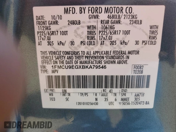 2011 Ford Escape Limited с VIN 1FMCU9EGXBKA79546, выставлен на аукционе Copart как лот 62774865 с пробегом 180 649 миль миль и Списание • Salvage title. История ставок и продаж доступна на DreamBid. Изображение 13.