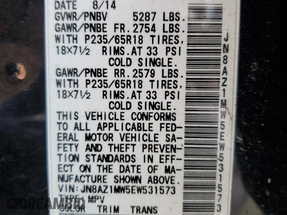 2014 Nissan Murano SL z VIN JN8AZ1MW5EW531573, wystawiony jako Copart lot #59577525 z przebiegiem 174 561 mil mil oraz Szkoda całkowita • Salvage title. Historia ofert i sprzedaży dostępna na DreamBid. Obrazek 13.